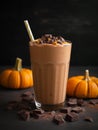 Cacao, chocolate and pumpkin smoothies showcased amidst an enchanting setup of pumpkins, evoking a captivating fall mood.