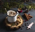 Cacao christmas cinnamom tree cozy wood background hot holiday winter evening cozy new year