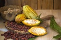 Cacao fruit, raw cacao beans, Cocoa pod on wooden background