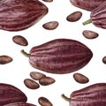 Cacao fruits and beans hand drawn watercolor illustration. Seamless pattern.
