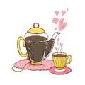 Hot kettle and cup of coffee with pink hearts