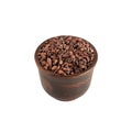 Cacao nibs in ceramic cup, selective focus. Peeled, crushed and lightly roasted cocoa beans. Sugar-free product. Cocoa nibs added Royalty Free Stock Photo