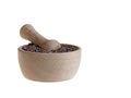 Cacao nibs in pestle on white