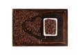 Cacao nibs on wooden cutting board, top view. Peeled, crushed and lightly roasted cocoa beans often added as topping to cold and Royalty Free Stock Photo