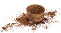 Pile of cocoa powder in wooden bowl isolated on white background Royalty Free Stock Photo
