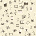 Cacao pods, flowers and chocolate tablet seamless repeat pattern background in a retro engraving style.