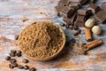 Cacao powder in a bowl with chocolate and cinnamon Royalty Free Stock Photo