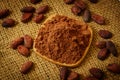 Cacao powder and cocoa beans on burlap Royalty Free Stock Photo