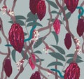 Cacao tree with cocoa beans, flowers and leaves on neutral light blue background. Hand drawn vector seamless pattern