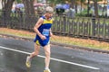 Cacasian senior running on a city street during 21 km distance of ATB Dnipro Marathon Royalty Free Stock Photo