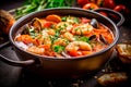 Cacciucco - Tuscan fish stew made with various types of seafood, tomatoes, and garlic