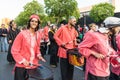 Painted and disguised musicians during the celebration of the feast of Saint George and the dragon.