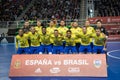 Indoor footsal match of national teams of Spain and Brazil at the Multiusos Pavilion of Caceres Royalty Free Stock Photo