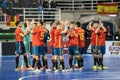 Indoor footsal match of national teams of Spain and Brazil at the Multiusos Pavilion of Caceres Royalty Free Stock Photo