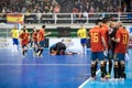 Indoor footsal match of national teams of Spain and Brazil at the Multiusos Pavilion of Caceres Royalty Free Stock Photo