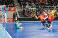 Indoor footsal match of national teams of Spain and Brazil at the Multiusos Pavilion of Caceres Royalty Free Stock Photo