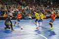 Indoor footsal match of national teams of Spain and Brazil at the Multiusos Pavilion of Caceres Royalty Free Stock Photo