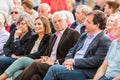 Josep Borrel, candidate for PSOE in the European elections, seated with other local leaders during the rally in Caceres.