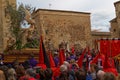 Caceres, Spain. April 2019: A group of bearers, called Costaleros, carrying a religious float