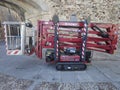 Remote control aerial platform moving through Caceres old quarter