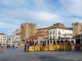 Caceres, Spain - October 9, 2021: main square of the city with people having time on weekend