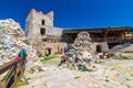 Cachtice, Slovakia - 4.7.2020: Tourists are visiting ruin of medieval castle Cachtice. Famous castle known from legend about blood