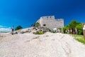 Cachtice, Slovakia - 4.7.2020: Tourists are visiting ruin of medieval castle Cachtice. Famous castle known from legend about blood