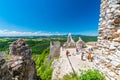 Cachtice, Slovakia - 4.7.2020: Tourists are visiting ruin of medieval castle Cachtice. Famous castle known from legend about blood