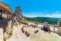 Cachtice, Slovakia - 4.7.2020: Tourists are visiting ruin of medieval castle Cachtice. Famous castle known from legend about blood