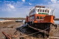 Cacilheiro, a traditional Tagus river ferry that connects Lisbon to the South-Margin in a shipyard. Royalty Free Stock Photo