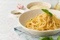 Cacio e pepe pasta. Spaghetti with parmesan cheese and pepper Royalty Free Stock Photo