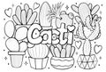 Cacti anti stress coloring page with set of cactuses, hand drawn line art for plant lovers