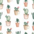 Cacti flower background. Seamless pattern with cactus and succulents in pots. Hand drawn illustration in trendy cute cartoon style Royalty Free Stock Photo