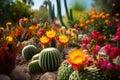 cacti garden with unexpected blooms of vibrant colors