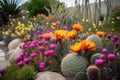 cacti garden with unexpected blooms of vibrant colors