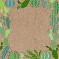 Cacti. Square floral frame. Vector illustration with place for text on a kraft paper