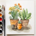 Rustic Southwest Watercolor Illustration With Potted Plants