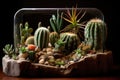 cacti in a terrarium with succulents and rocks