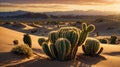 Desert Landscape with Cactus Plants at Sunset in Natural Habitat Scenery Royalty Free Stock Photo