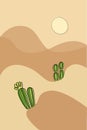 Cactus background. Simple sandy hills landscape with cacti flowers, bright sun and hills. Desert natural mountain. Green Royalty Free Stock Photo