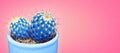 Cactus blue neon Art Fashion Design. Cacti in ceramic pot Minimal concept. Blue Mood on pink background. Trendy Bright Color.