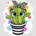 Cactus with bow with eyes on the blobs background