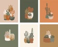 Cactus cards collection. Succulent art print set. Vintage hand drawn style. Vector illustration