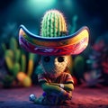 Cactus character wearing sombrero realistic photog,