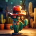 Cactus character wearing sombrero realistic photog,