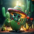 Cactus character wearing sombrero realistic photog, Generative AI