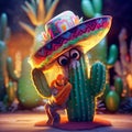 Cactus character wearing sombrero realistic photog, Generative AI