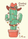 Cactus christmas with cowboy hat .Vector hand drawn illustration