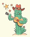 Cactus christmas playing the guitar.Vector hand drawn illustration