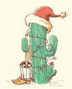 Cactus christmas in red Santa hat and cowboy shoes .Vector color